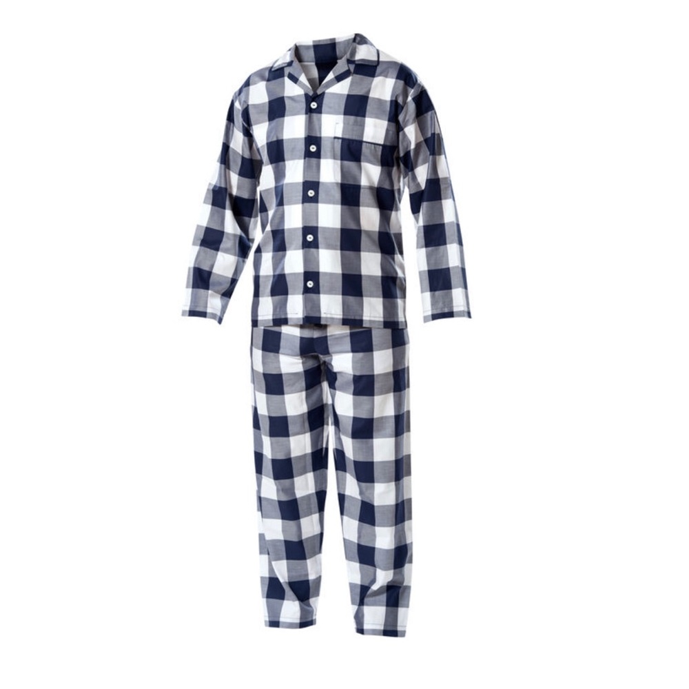 Hastens Pajama Navy Blue White Check Shirt and Pant. 100% Satin Cotton . Size M